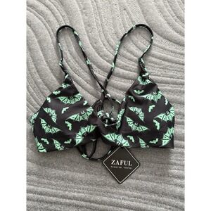 ZAFUL Womens Swimsuit Bikini Top Small (4) Bats Tied Black Green Bats NWT
